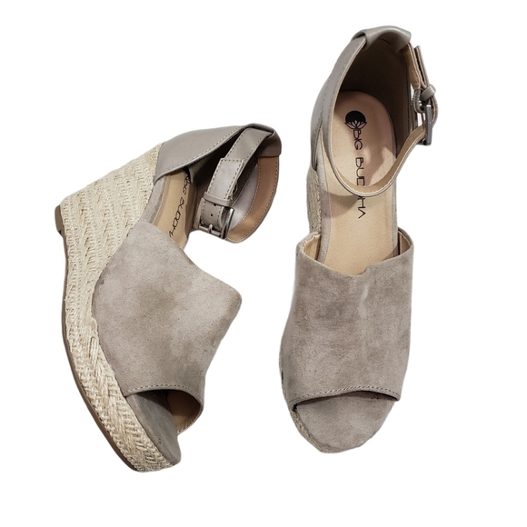 Big Buddha Taupe Suede Espadrille Wedges Sandals Ankle Buckle Peep Toes Size 7.5 - Picture 2 of 13